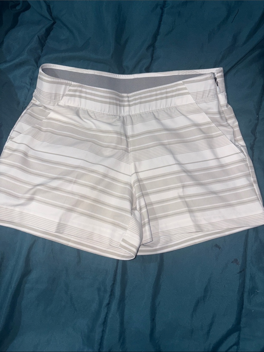Under Armour White and Light Gray Striped Athletic Shorts- M